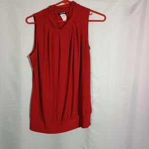 Women’s Red Sleeveless Pleated Blouse – Elegant Mock Neck Dress Top
